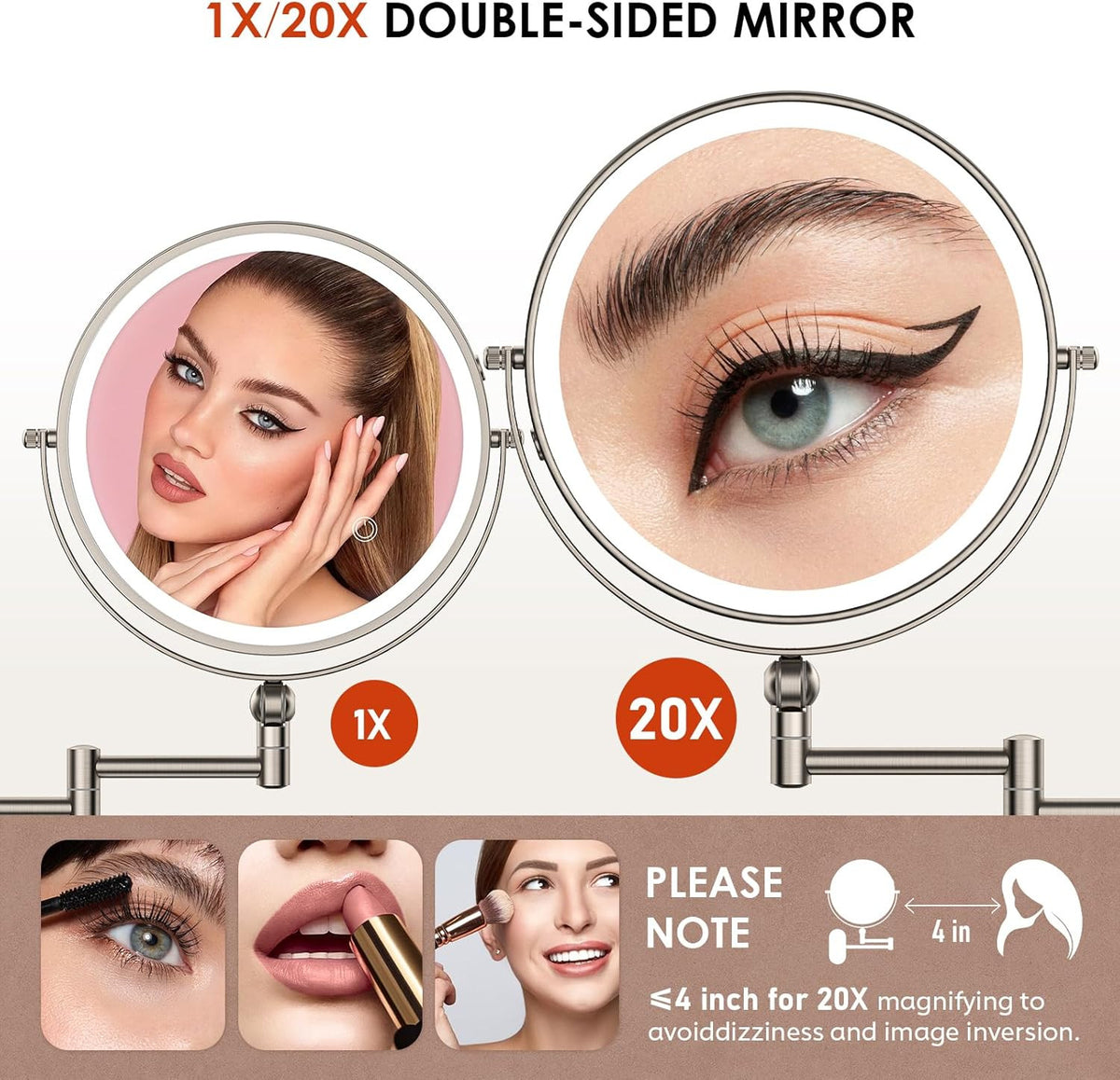 Wall Mounted Lighted Makeup Mirror 4000mAh Rechargeable 1X/20X Magnification