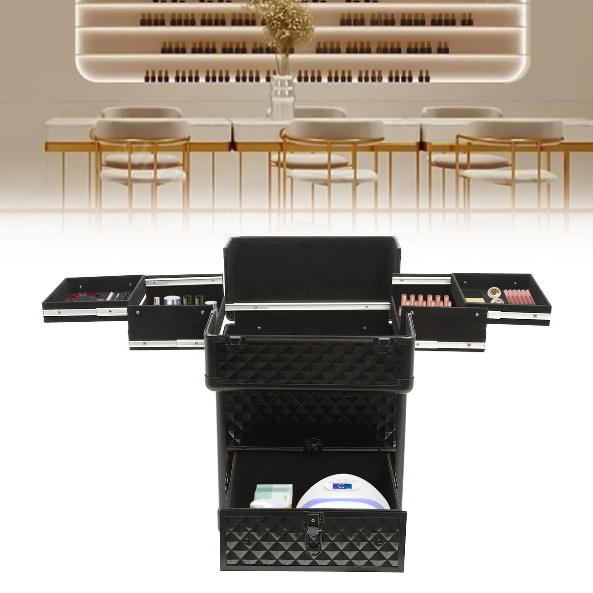 Rolling Makeup & Nail Desk Station with 7 Compartments - Black