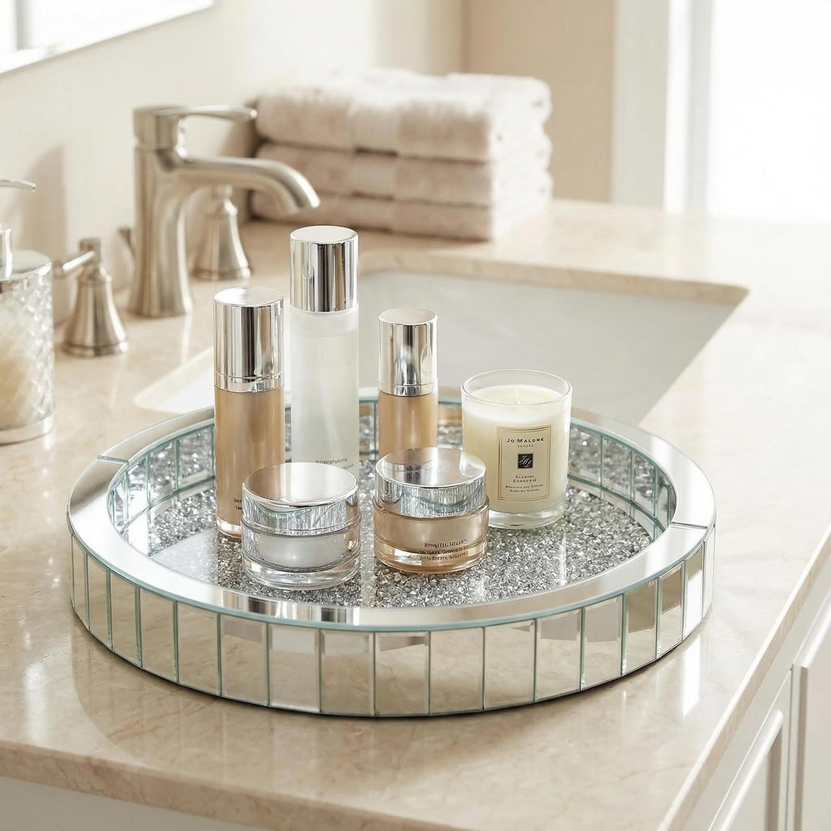 11-Inch Rotating Glass Makeup & Perfume Organizer Vanity Tray Silver