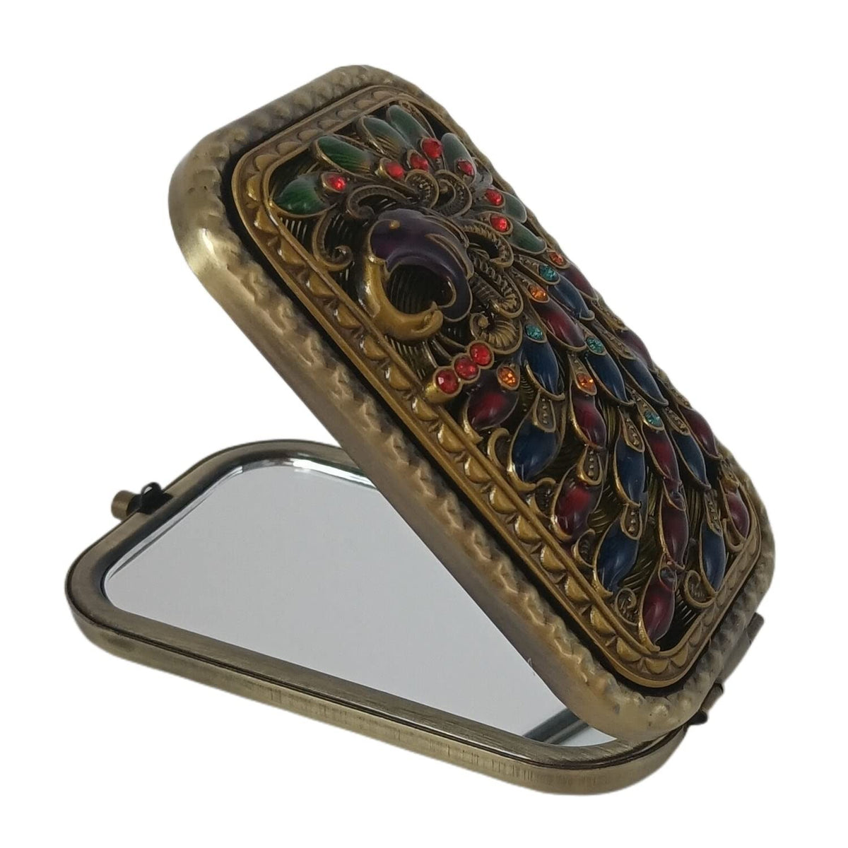 Vintage Bronze Peacock Foldable Travel Makeup Mirror – Compact Handheld with 1X/2X Magnification