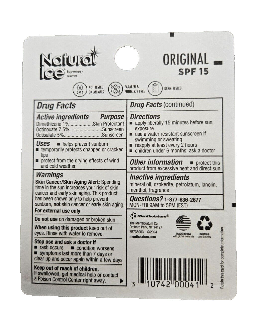 Mentholatum Lip Balm Natural Ice SPF 15 - 6 Tubes, Original Formula