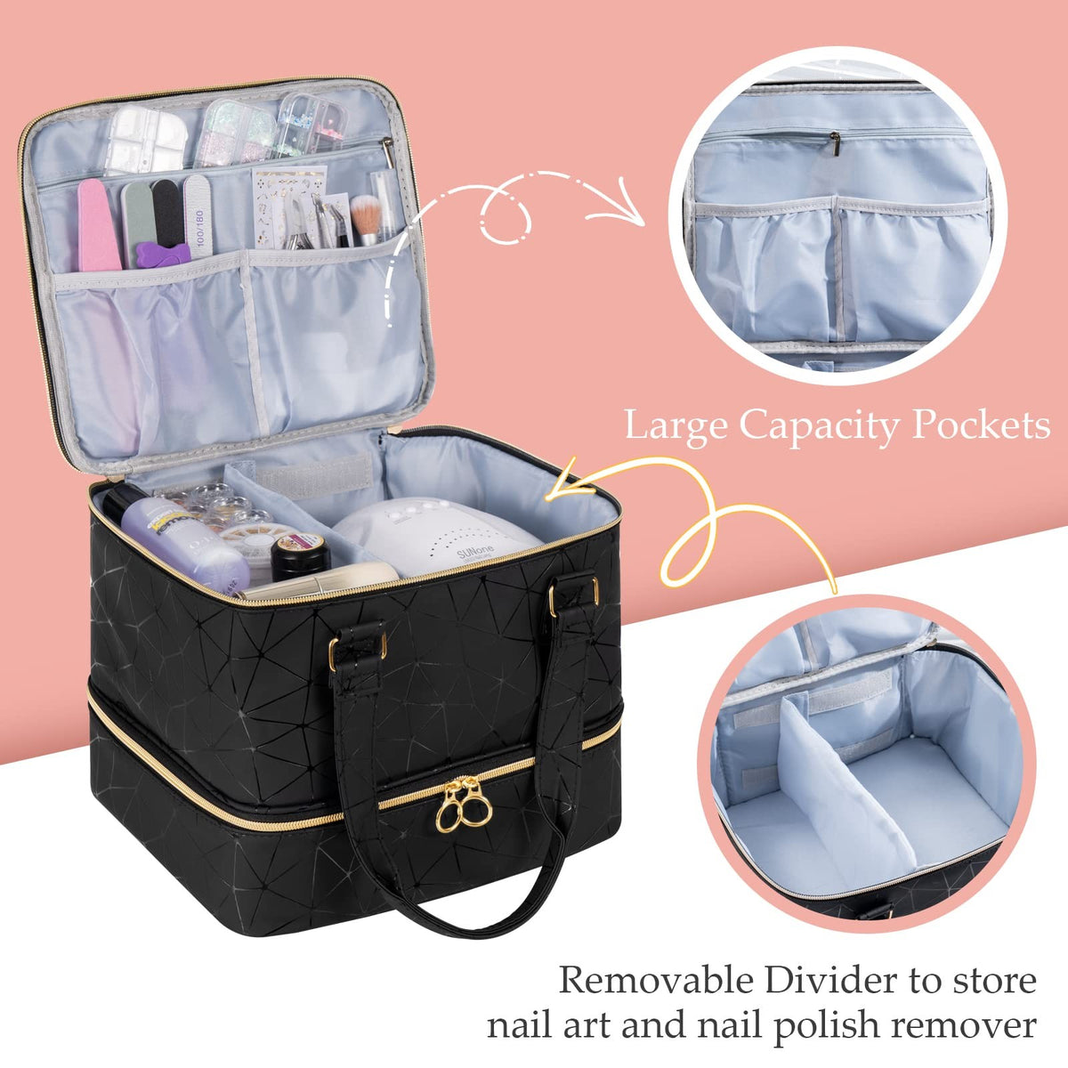 Large Capacity Nail Polish Organizer Bag Holds 42 Bottles with Lamp & Accessories