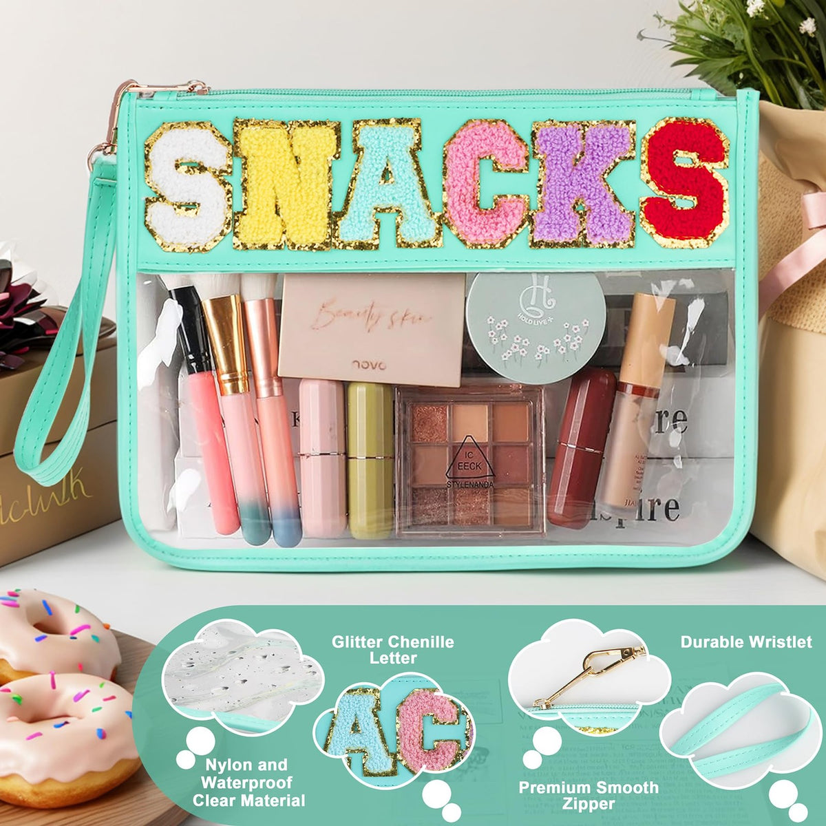 Travel Clear Chenille Letter Pouch with Zipper 12.2x8.4 Inch Waterproof Cosmetic Bag