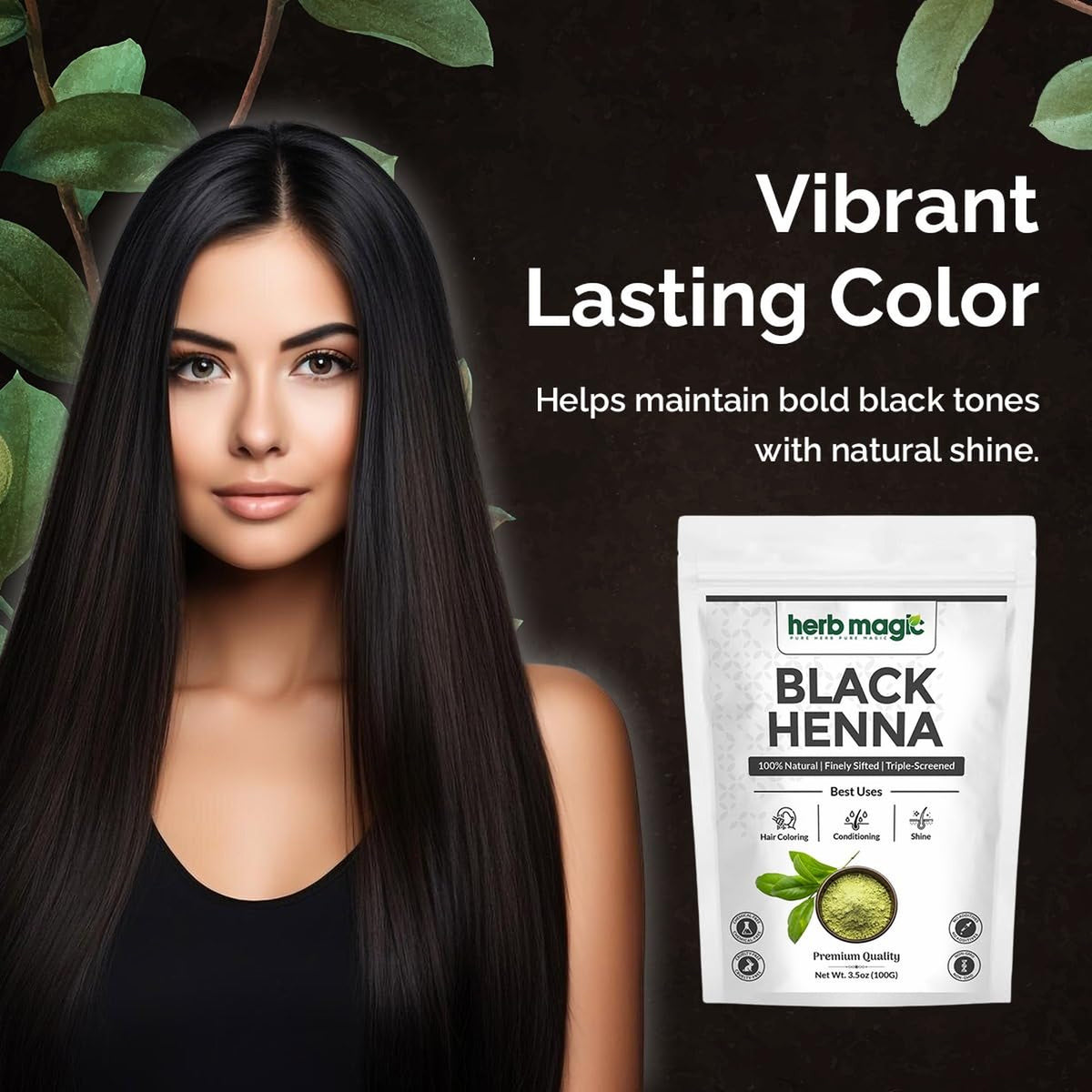 Herb Magic Black Henna Powder Hair Dye for Grey Coverage 3.5 oz Natural