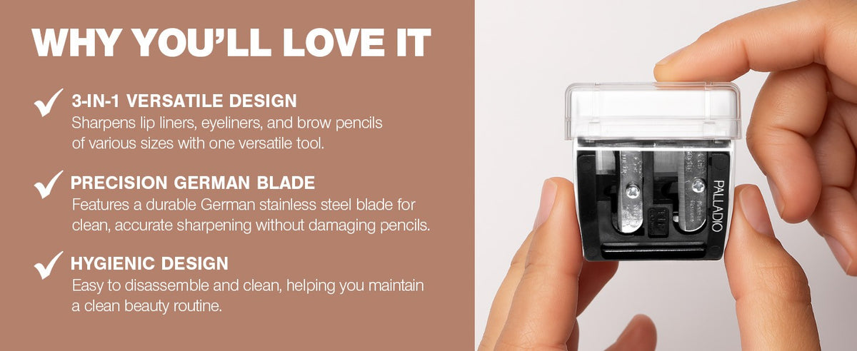 Double Barrel 3-in-1 Cosmetic Pencil Sharpener with Cover - Stainless Steel