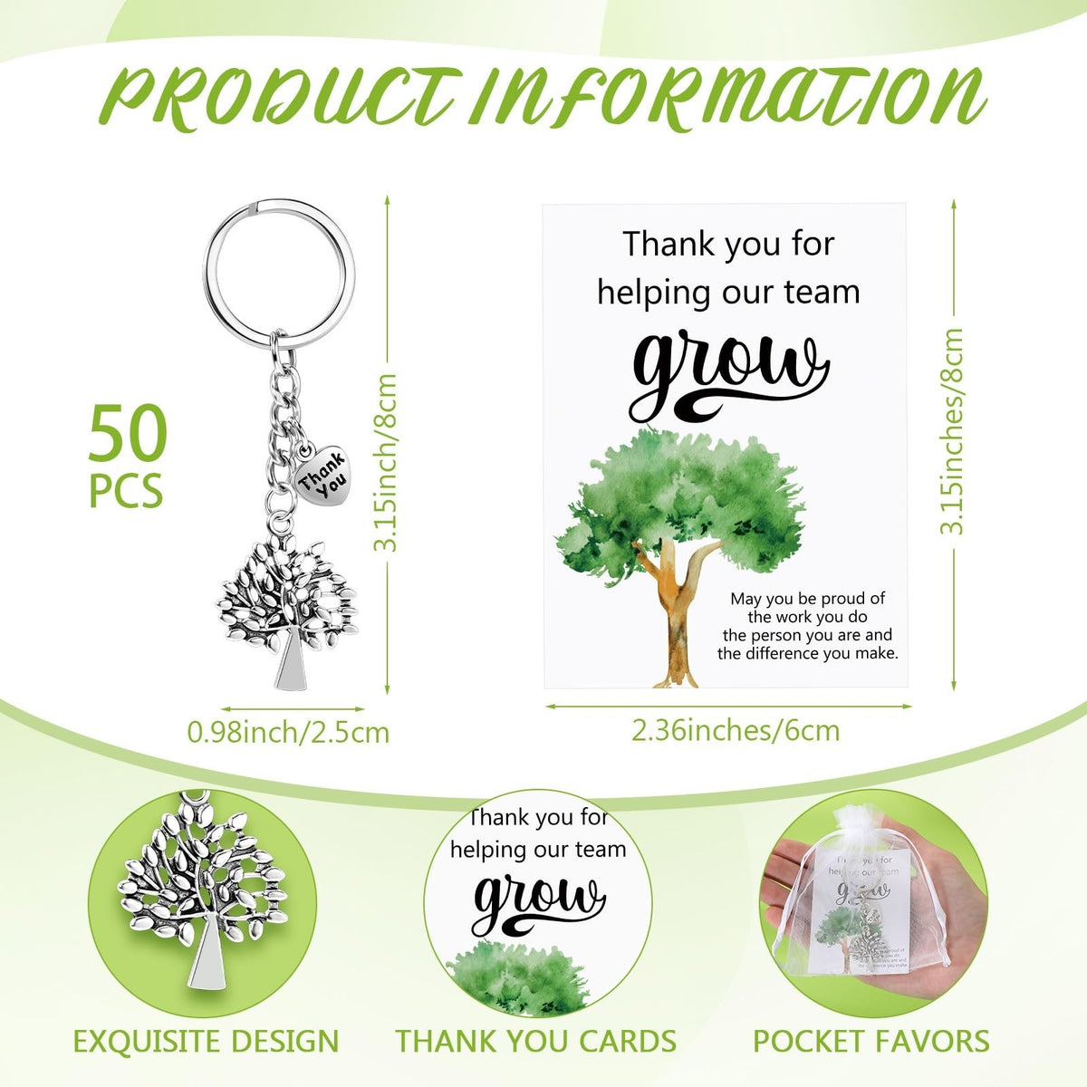 Team Appreciation Gift Tree Keychains with Heart Charm Bulk Set - 50 Pieces