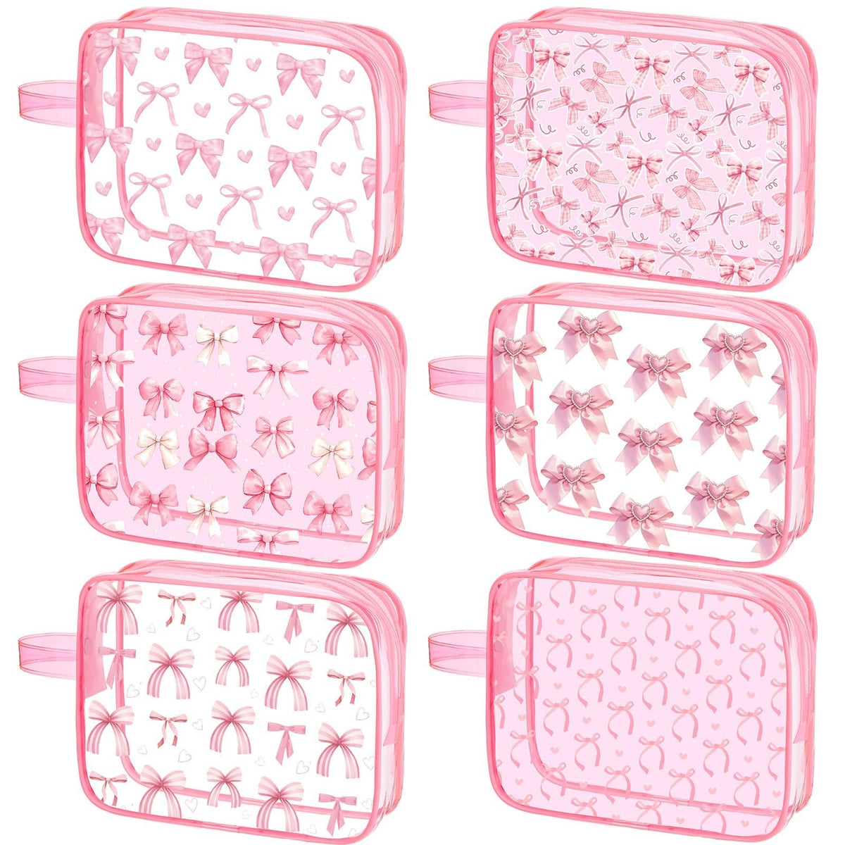 6-Piece Pink Bow Makeup Bags Set | Coquette Cosmetic Travel Pouches