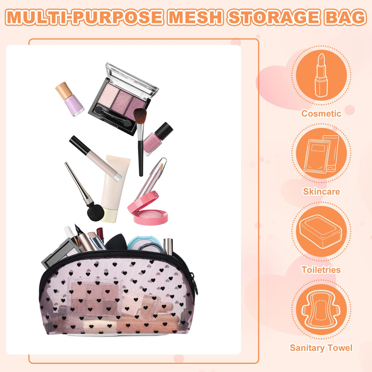 Black Mesh Makeup Bag with Heart Print - Portable Cosmetic Organizer