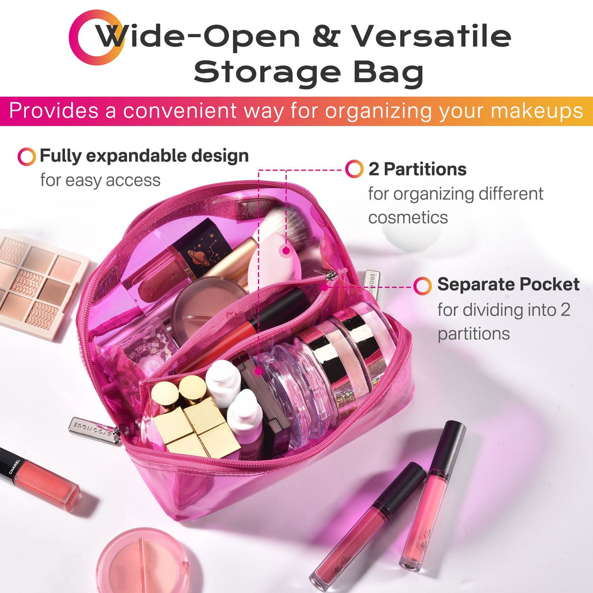 Pink Water-Resistant Makeup Organizer Bag with Multiple Compartments