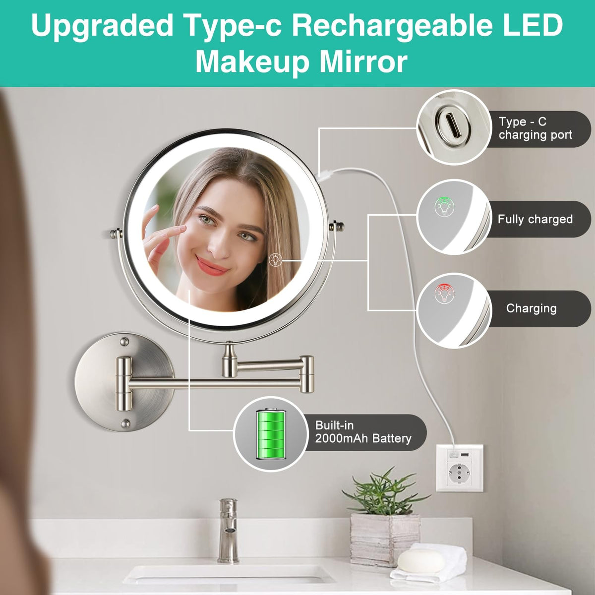 Lighted Makeup Mirror with Magnification 8.5 Inch Rechargeable 3 Light Modes