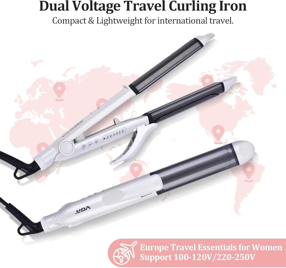 2-in-1 Travel Hair Curling & Flat Iron with EU/UK Plugs - Dual Voltage, Ceramic & Argan Oil