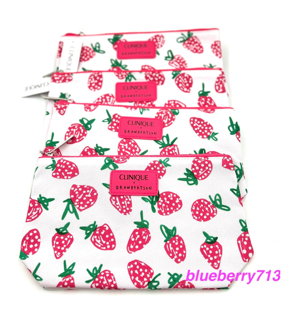 Set of 4 Clinique Drawbertson Cosmetic Makeup Bags with Strawberry Print