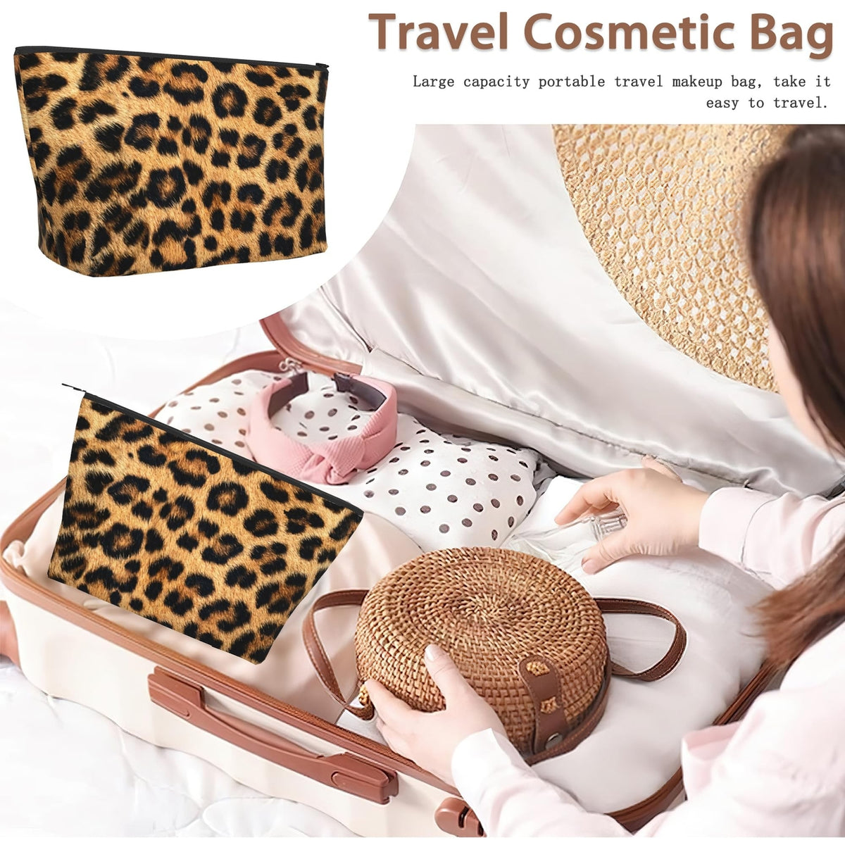 Brown Leopard Print Makeup Bag - Portable Cosmetic Organizer for Women