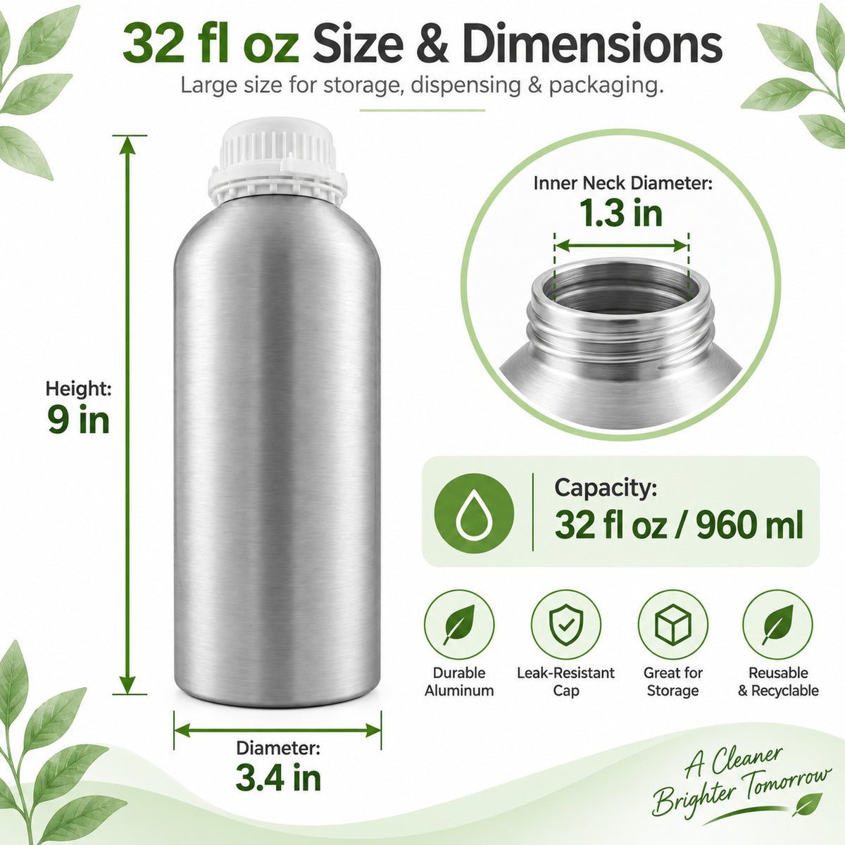 32 fl oz Aluminum Bottle with Cap and Inner Plug for Essential Oils - GreenHealth