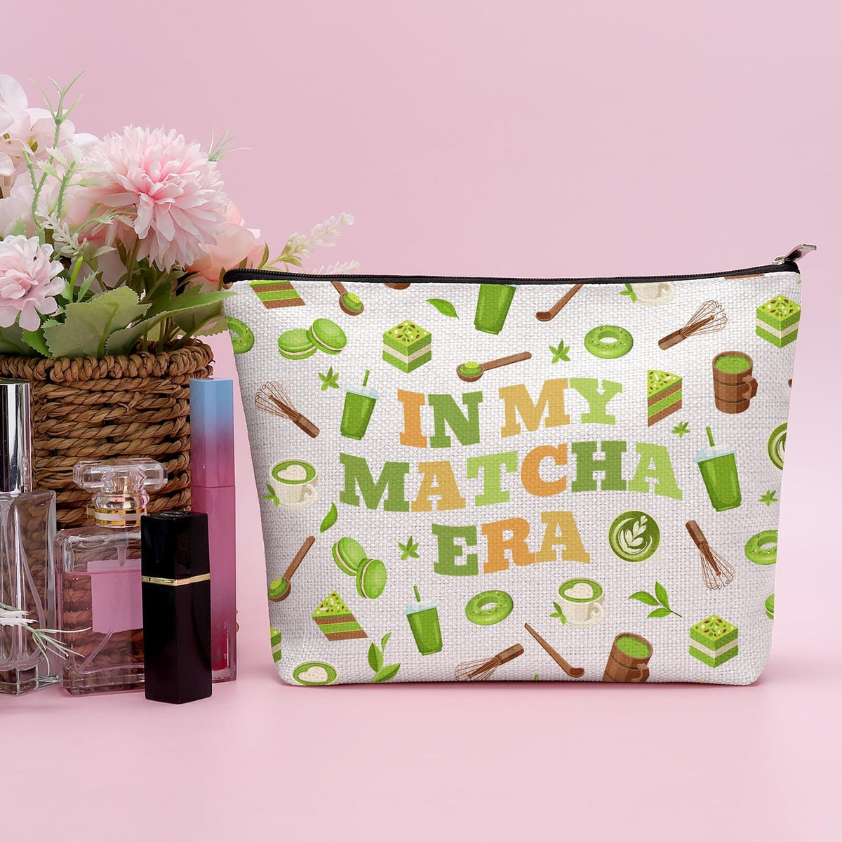 Matcha Themed Makeup Bag for Women - Beige Linen Cosmetic Organizer 25x17cm