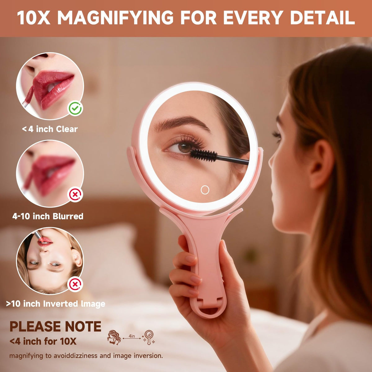 Portable Travel Makeup Mirror with Lights 360° Rotating 1X/10X Magnification Pink