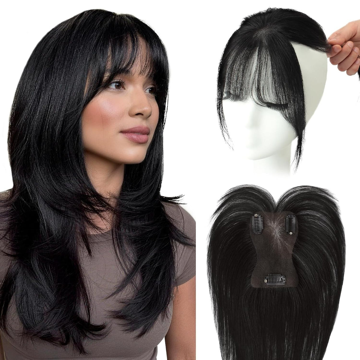 Clip-In Human Hair Bangs Topper - Seamless Natural Volume & Coverage