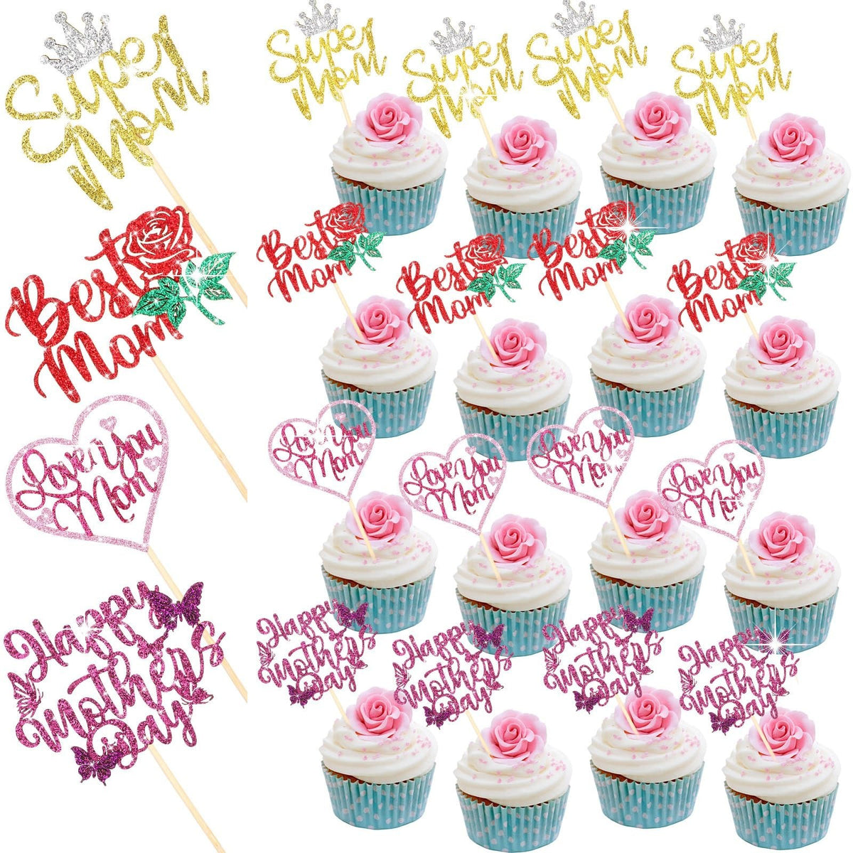 60 Pcs Happy Mother's Day Cupcake Toppers Glitter Cake Decorations - Multicolor
