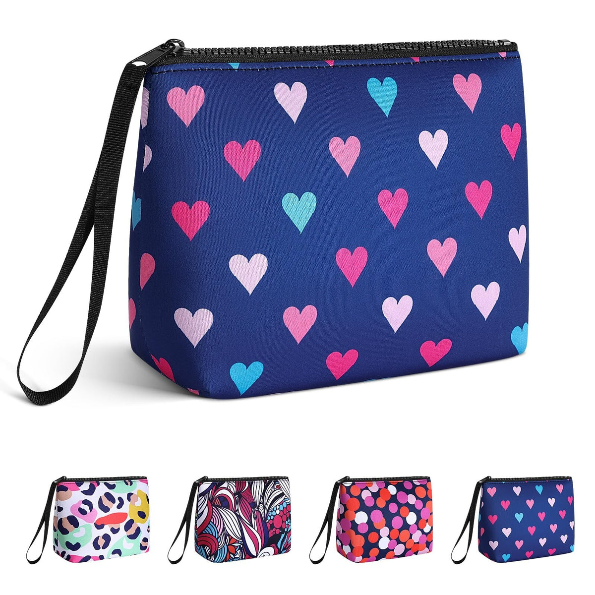 Large Neoprene Makeup Bag with Handle - Travel Cosmetic Organizer, Washable, Colorful Hearts