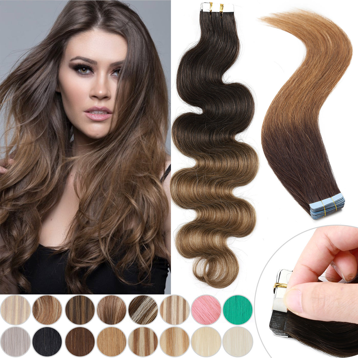 Thick Tape in Remy Human Hair Extensions Invisible Skin Weft Full Head