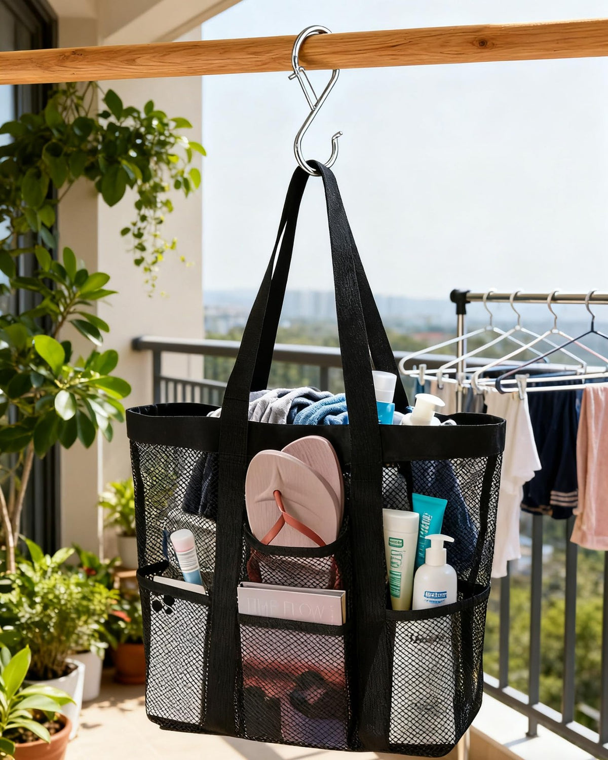 Large Mesh Beach Bag with Multiple Pockets and Zipper - 2 Pack