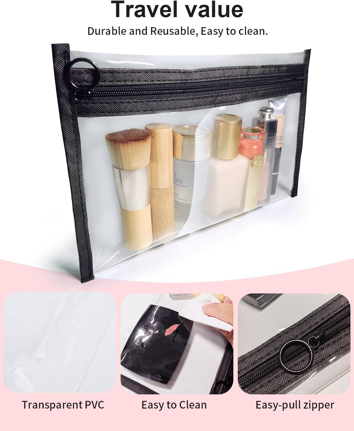 3 Pack Clear Travel Makeup & Toiletry Organizer Bags with Zipper