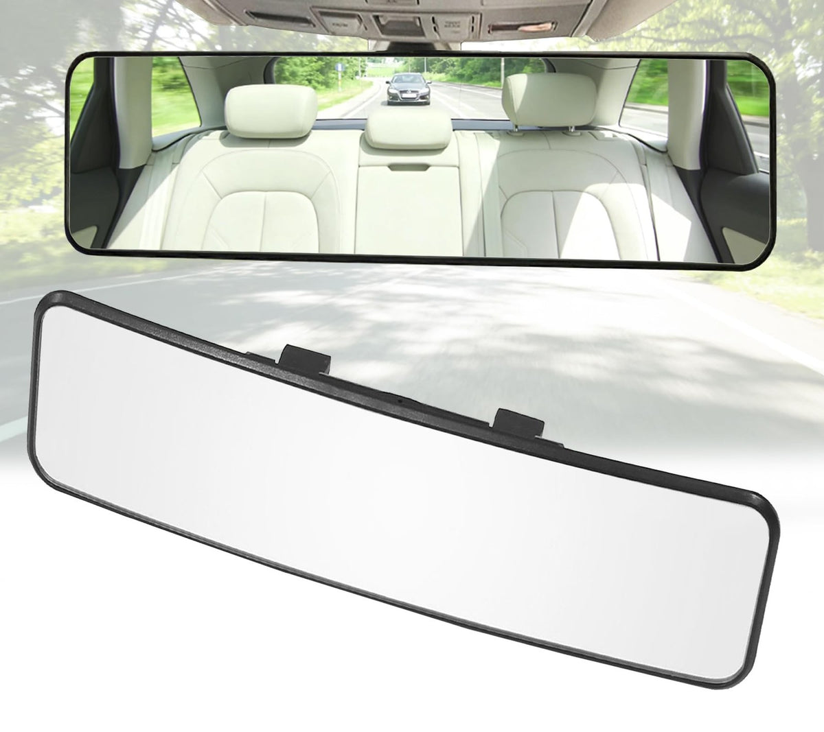 Car Rear View Mirror 12 Inch Wide Angle Convex Clip-On Interior Mirror Black