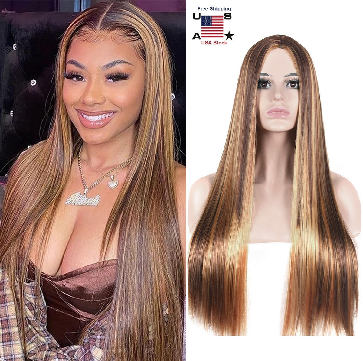 Brazilian Straight Human Hair Wig Ombre Brown Honey Blonde 70cm