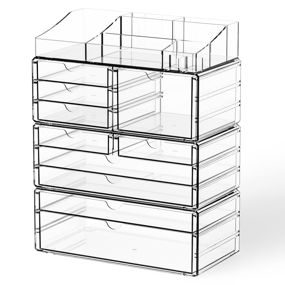 Large Capacity Makeup Organizer with Stackable Drawers and Top Tray - Clear Vanity Storage for Cosmetics & Skincare