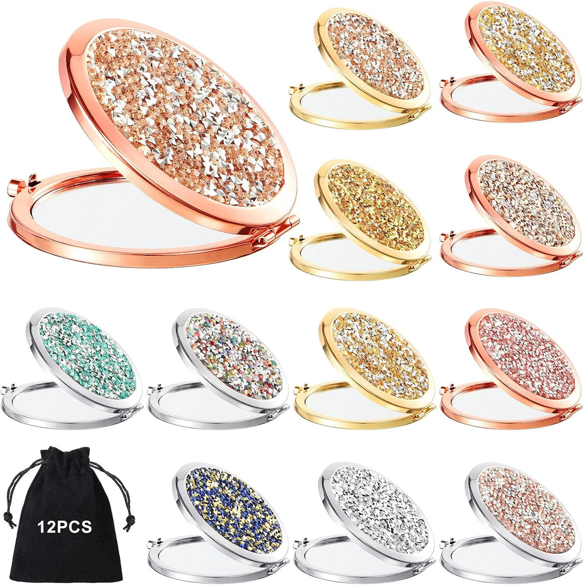 12 Pcs Compact Folding Makeup Mirrors with Rhinestone Outer, Double-Sided Magnification, Portable Handheld Cosmetic Mirrors