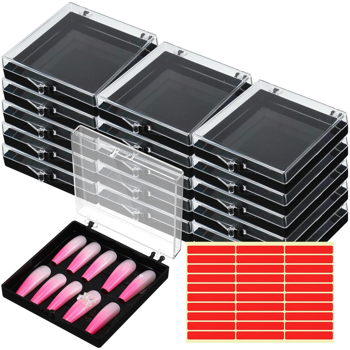 15 Pcs Clear Nail Art Storage Boxes with Double-Sided Adhesive Stickers