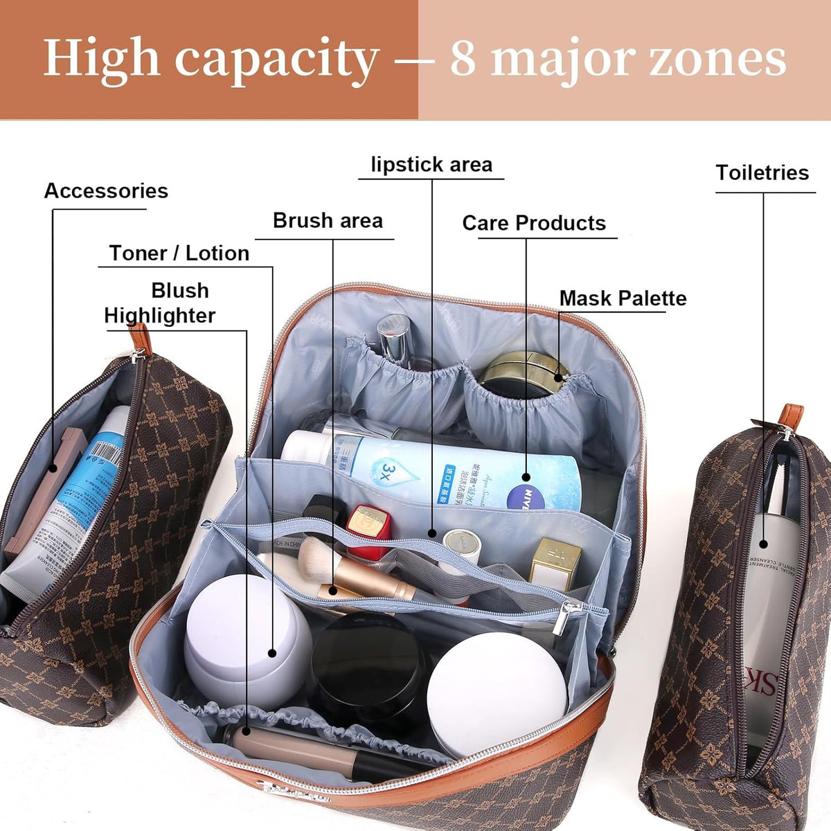 Travel Makeup Bag Set for Women - Large Vegan Leather Cosmetic Bags with Compartments & Handles