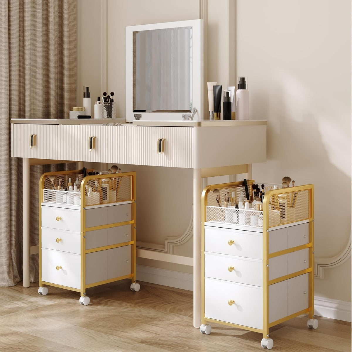 Rolling Makeup Organizer Cart with 3 Drawers – Under-Desk Gold