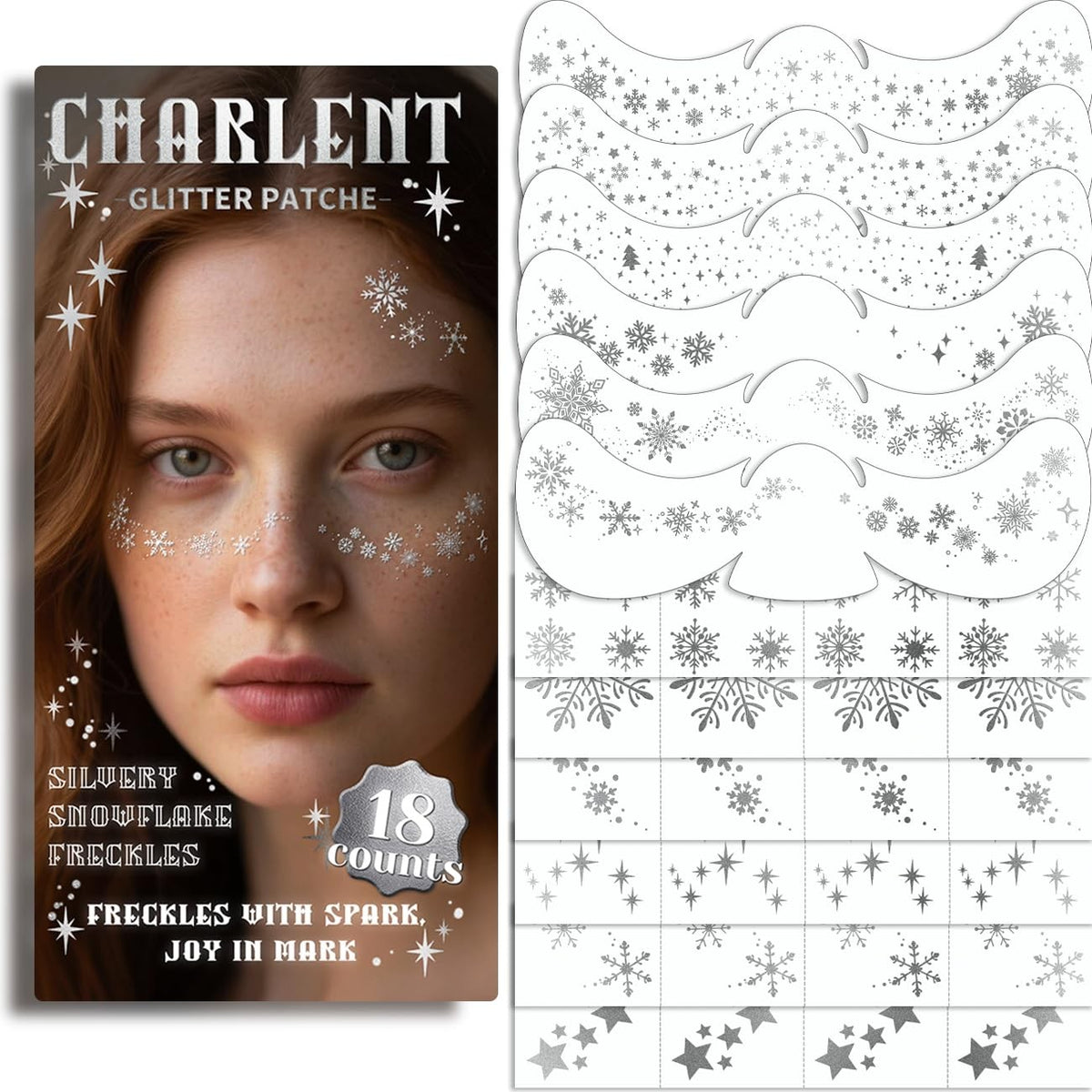Glitter Snowflake Face Tattoos - 18 Sheets Silver Festive Freckles Makeup
