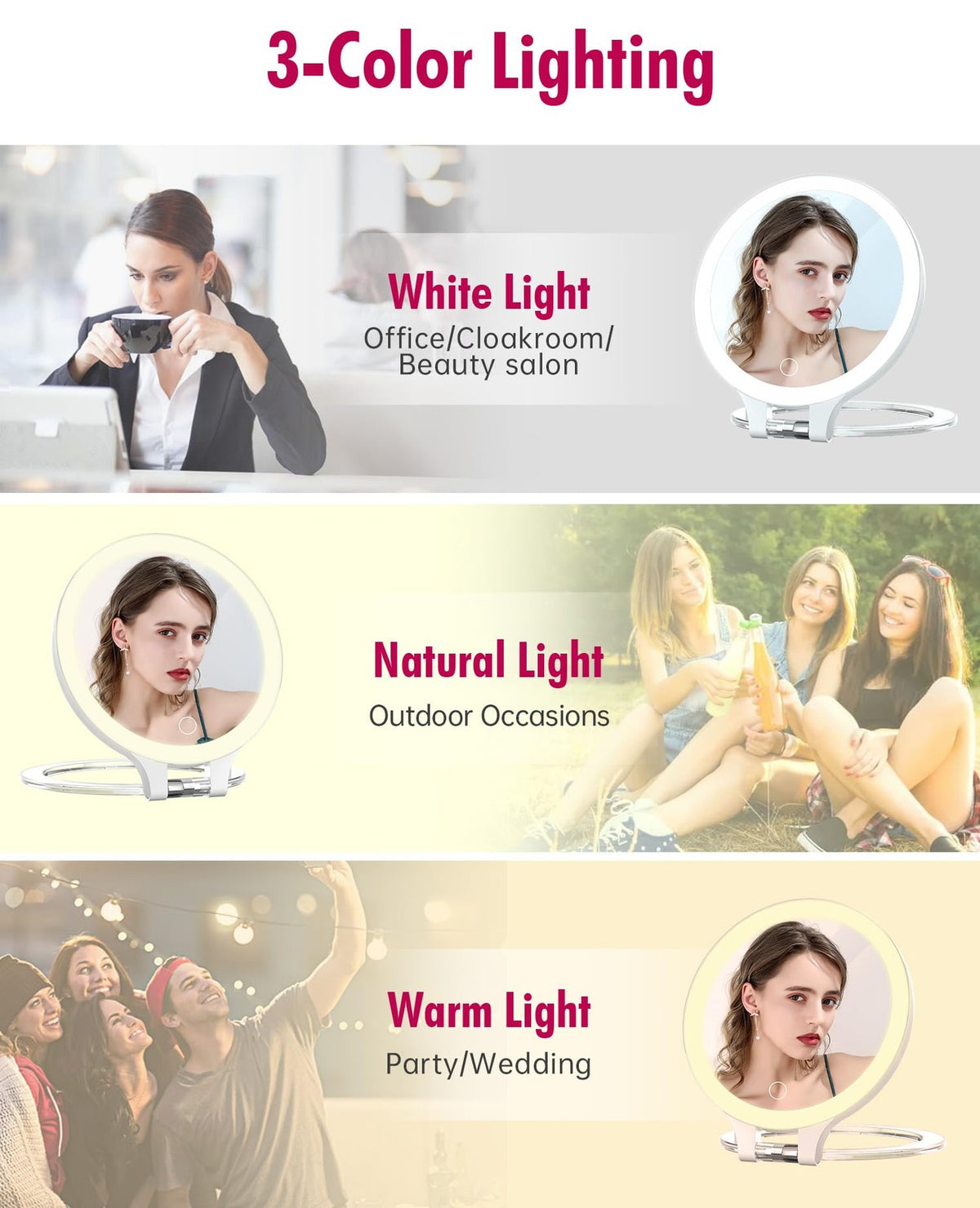 Rechargeable 30X Double Sided LED Makeup Vanity Mirror with 3 Light Modes