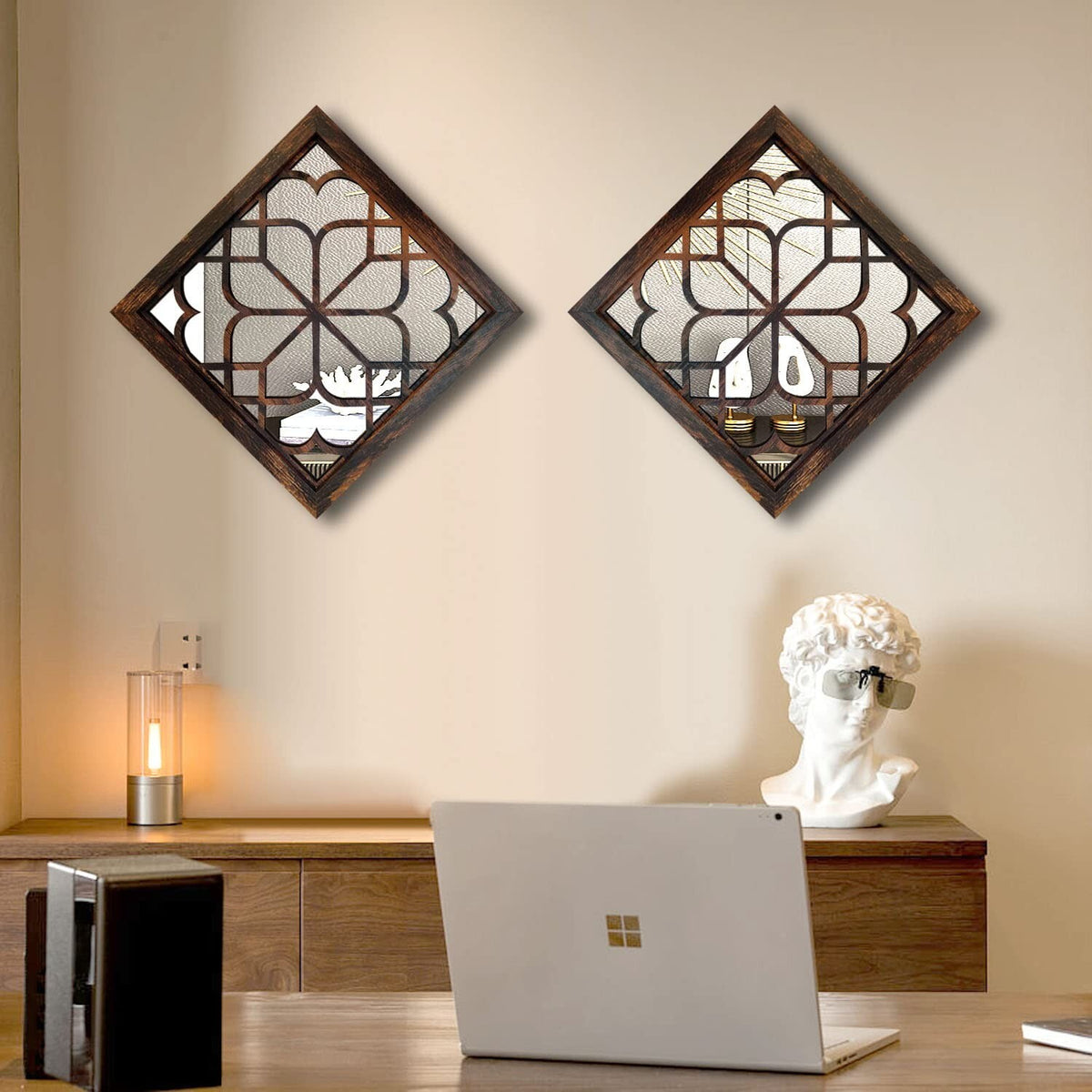 2-Pack Rustic Square Wall Mirrors, Caramel Finish for Bathroom & Living Rooms