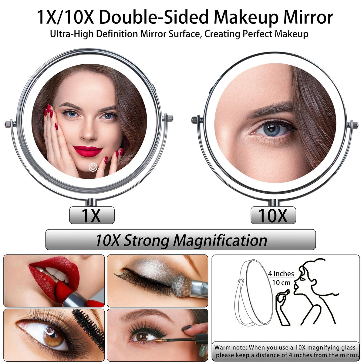 8-Inch Rechargeable Wall Mounted Lighted Makeup Mirror with 10X Magnification and 3 Lighting Modes