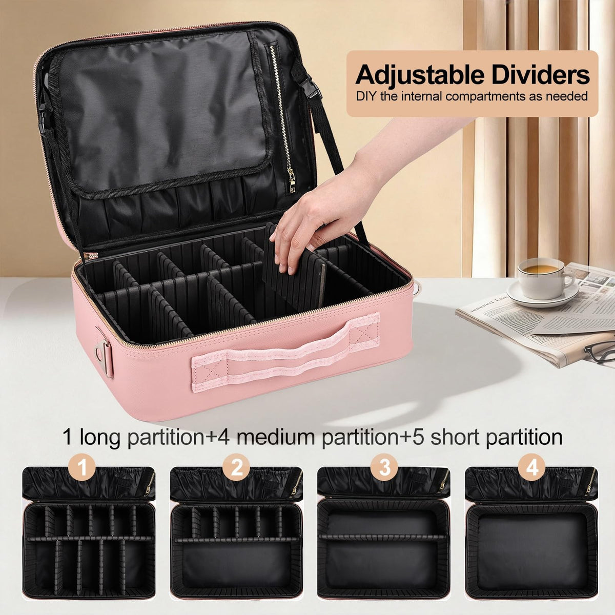 Large Travel Makeup Case Organizer - Waterproof PU Leather Cosmetic Bag with 10 Removable Dividers