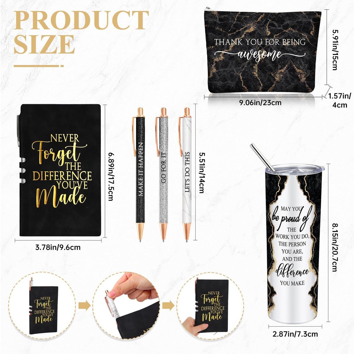 Employee Appreciation Gift Set for Women - Stainless Steel Tumbler Notepad & Makeup Bag