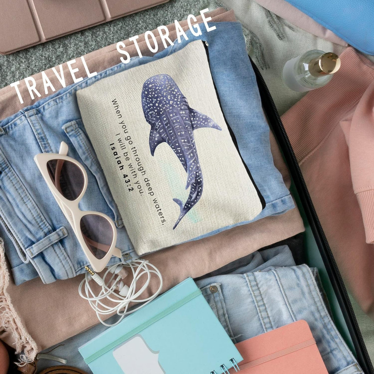 Christian Makeup Bag Pouch Waterproof Linen Travel Organizer - Whale Shark Design