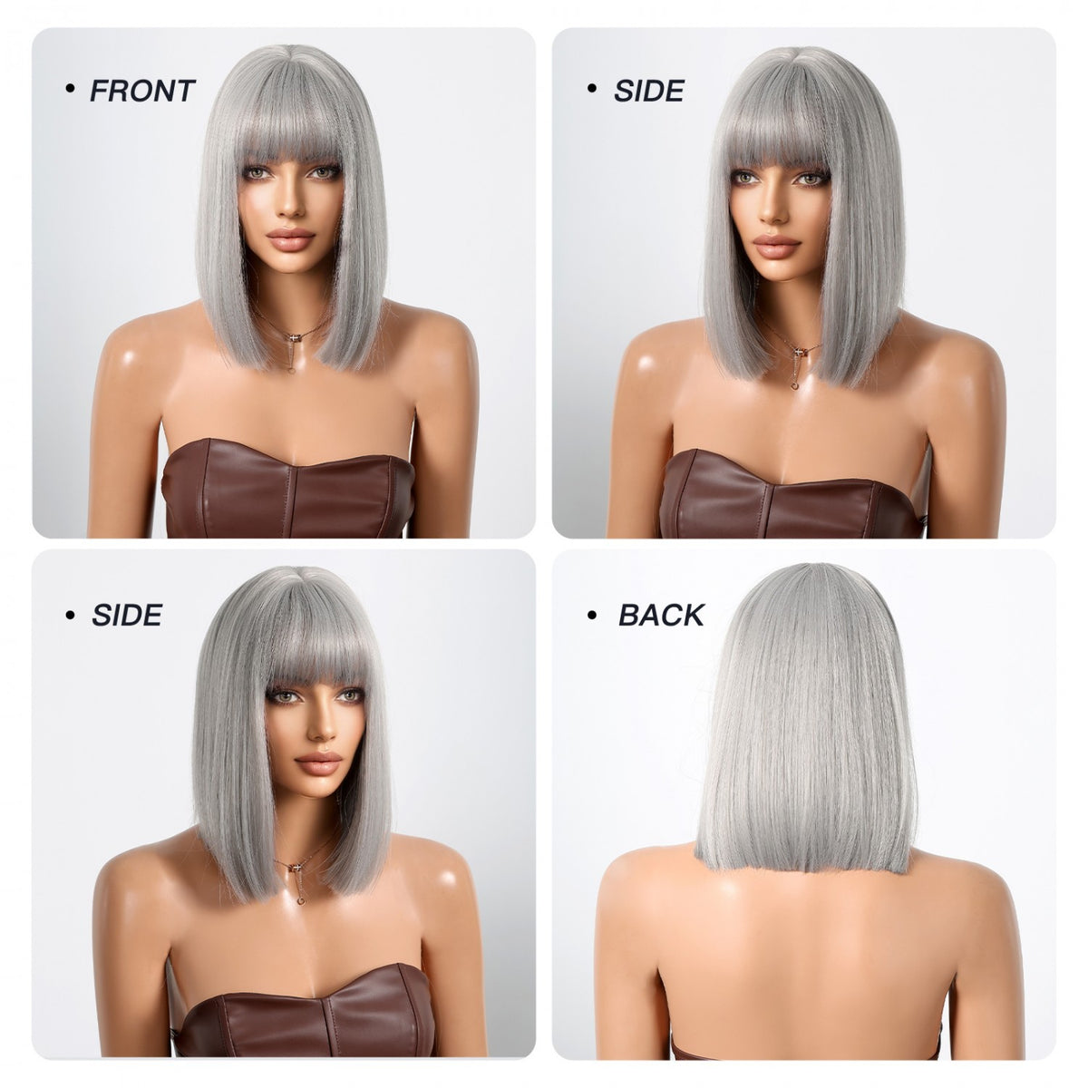 Gray Synthetic Wig with Bangs - Straight Bob Style Heat Resistant Hair