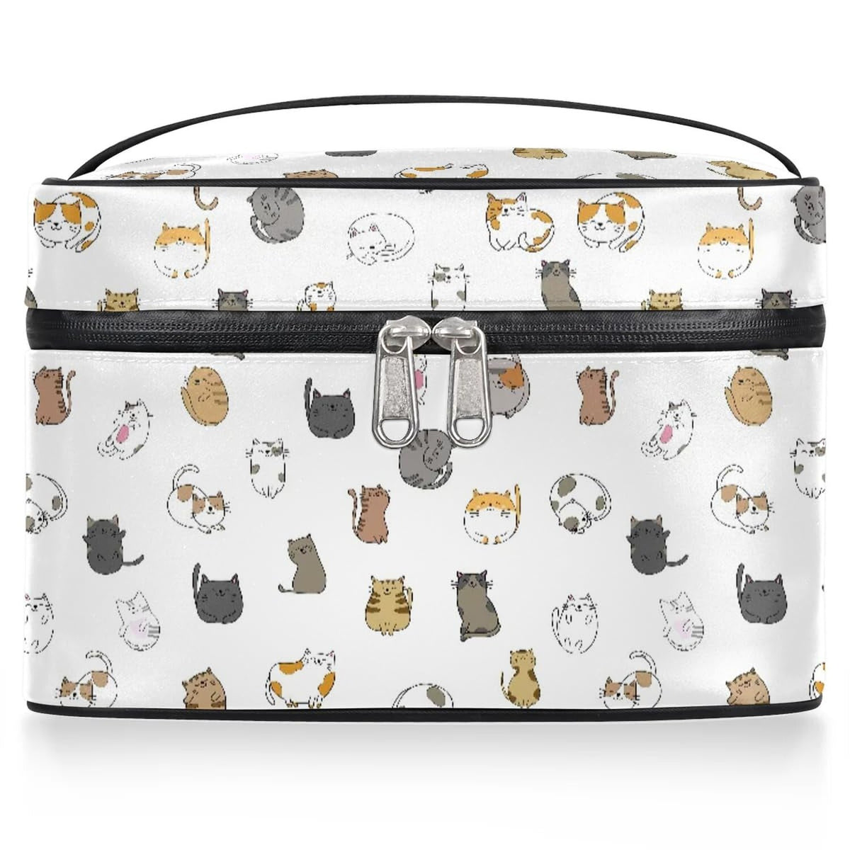 Large Travel Makeup Bag for Women, Waterproof Organizer with Multiple Compartments, White Cute Cat Design