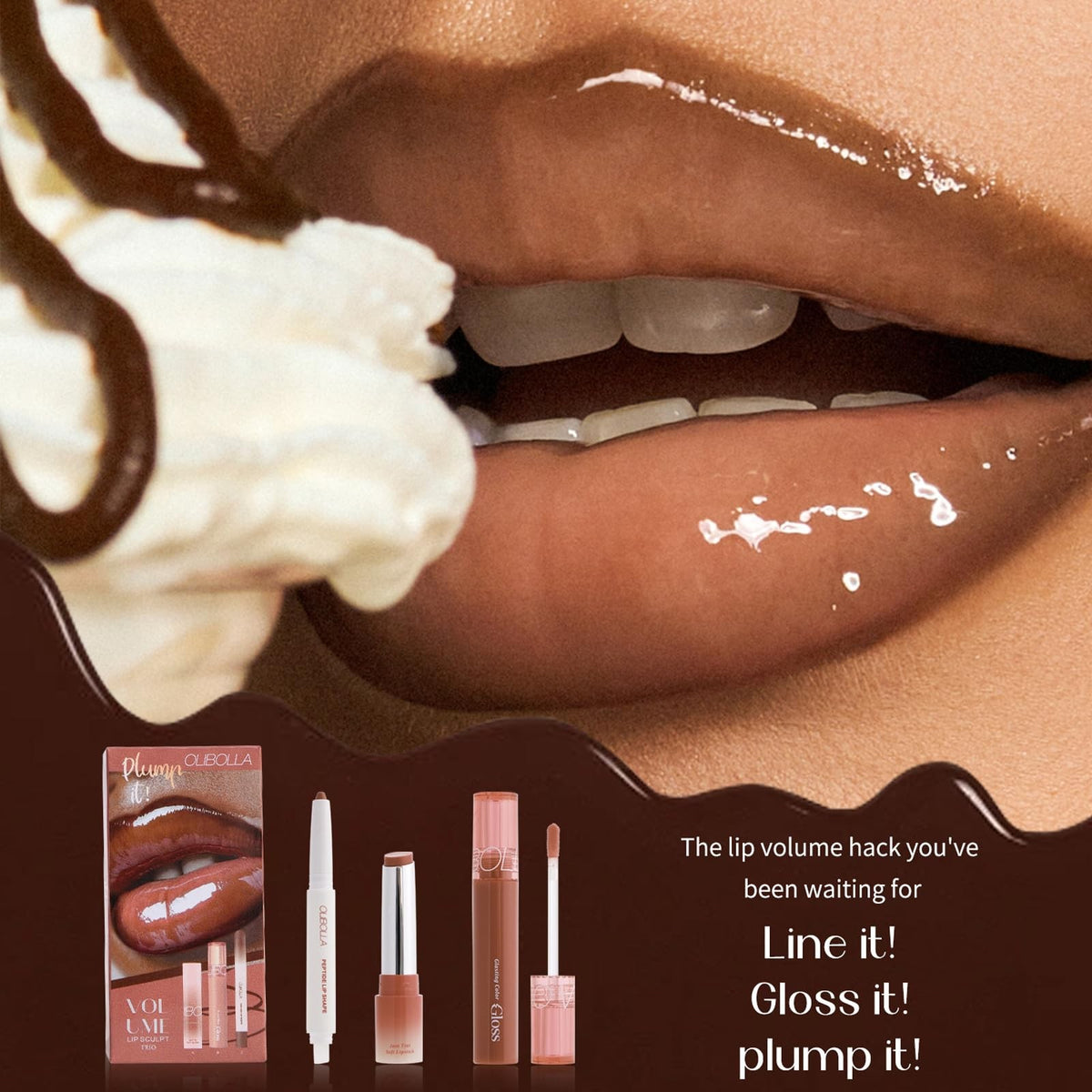 Lip Makeup Set with Lip Liner, Lip Gloss & Nourishing Lip Balm - Brown Tones