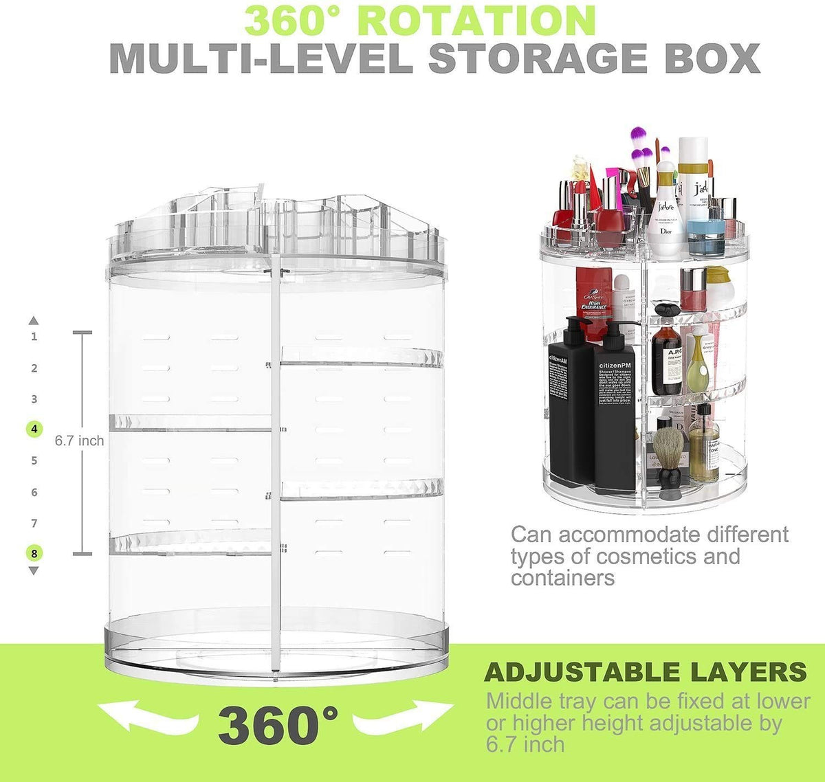 Large 8-Layer Rotating Makeup Organizer Stand - Clear Cosmetic Carousel