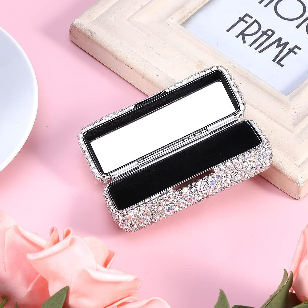 Crystal Rhinestone Lipstick Organizer with Mirror - Bling Makeup Case for Travel & Vanity