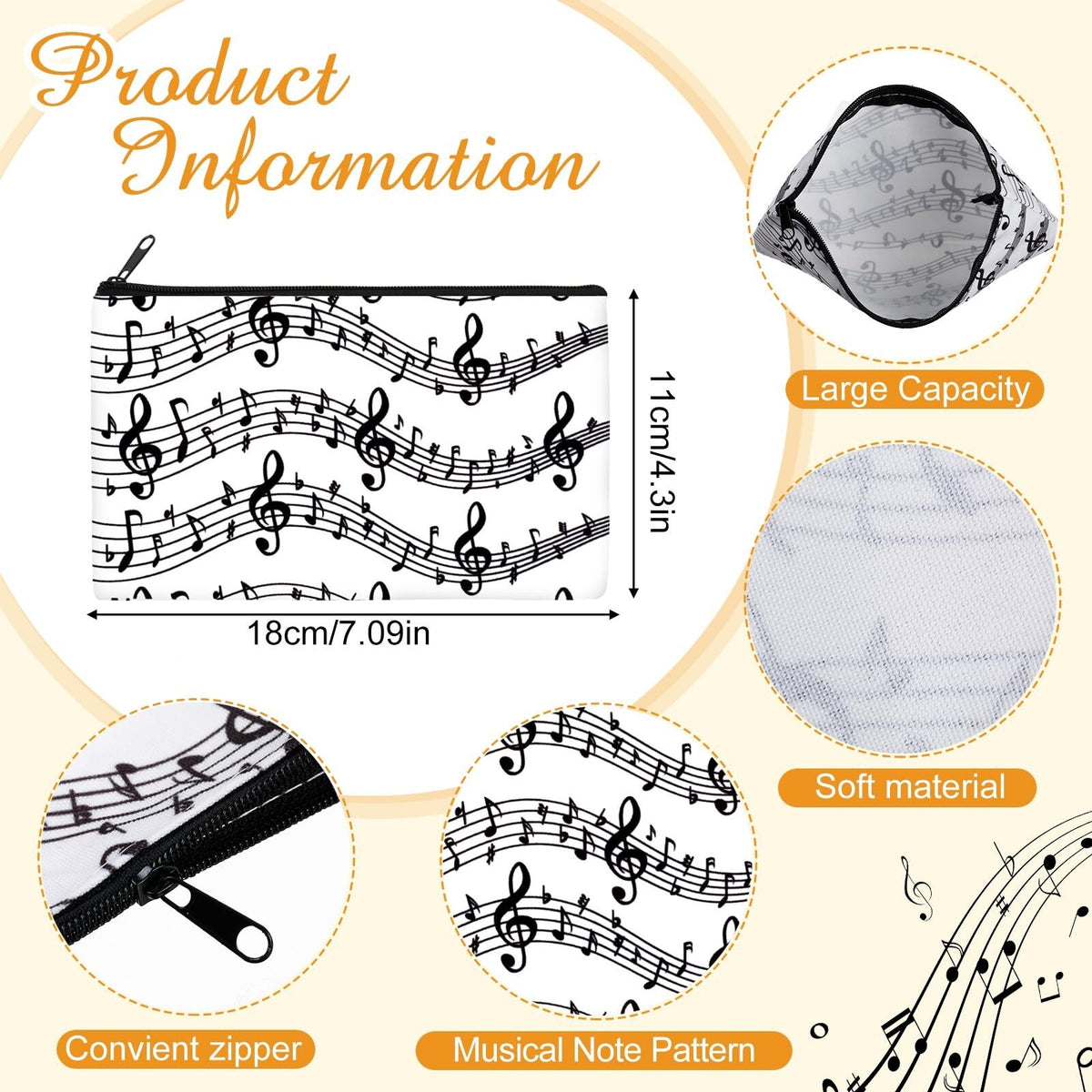 Musical Note Makeup Bags Set - 10 Durable Cosmetic Travel Pouches