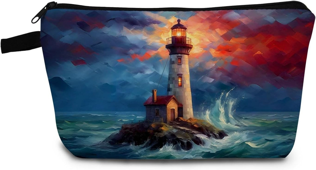 Small Lighthouse Print Makeup Bag with Metal Zipper & Durable Soft Material