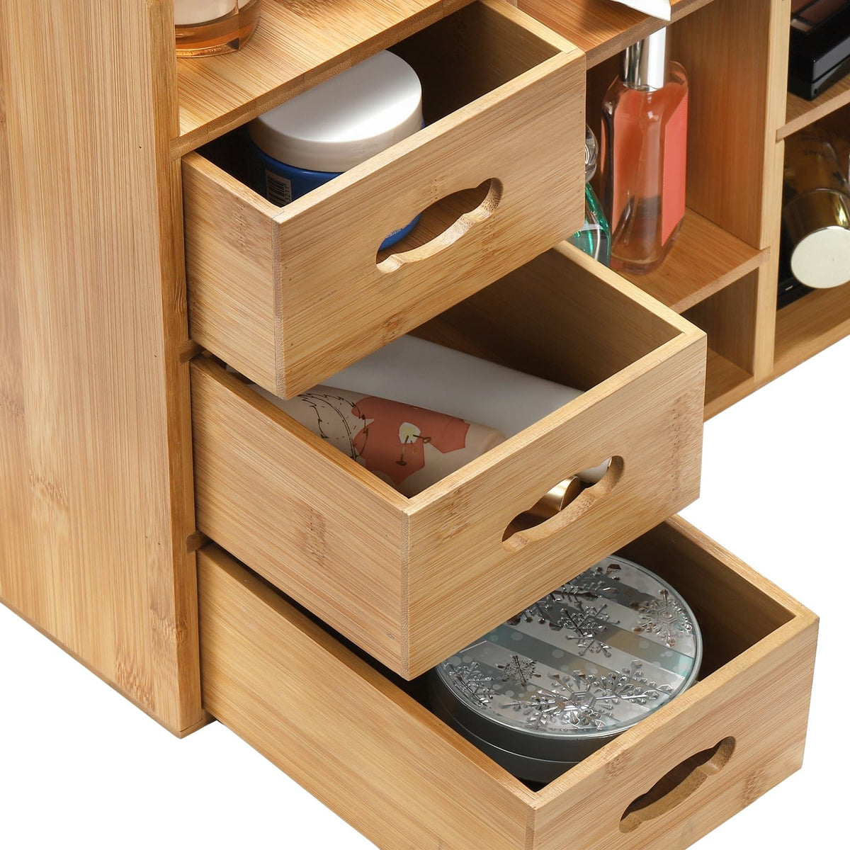 Bamboo Makeup Organizer with Drawers and Compartments - Multi-Functional Dresser Shelf