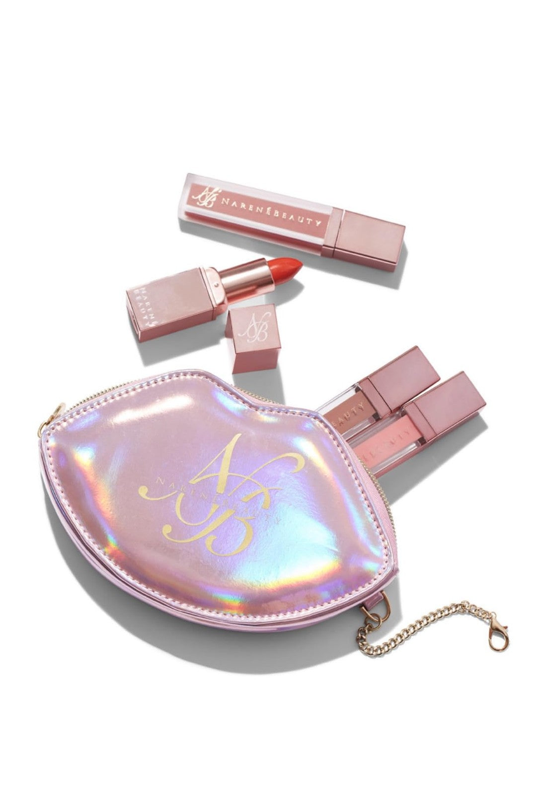Holographic Lip-Shaped Cosmetic Bag with Chain - Pink Iridescent