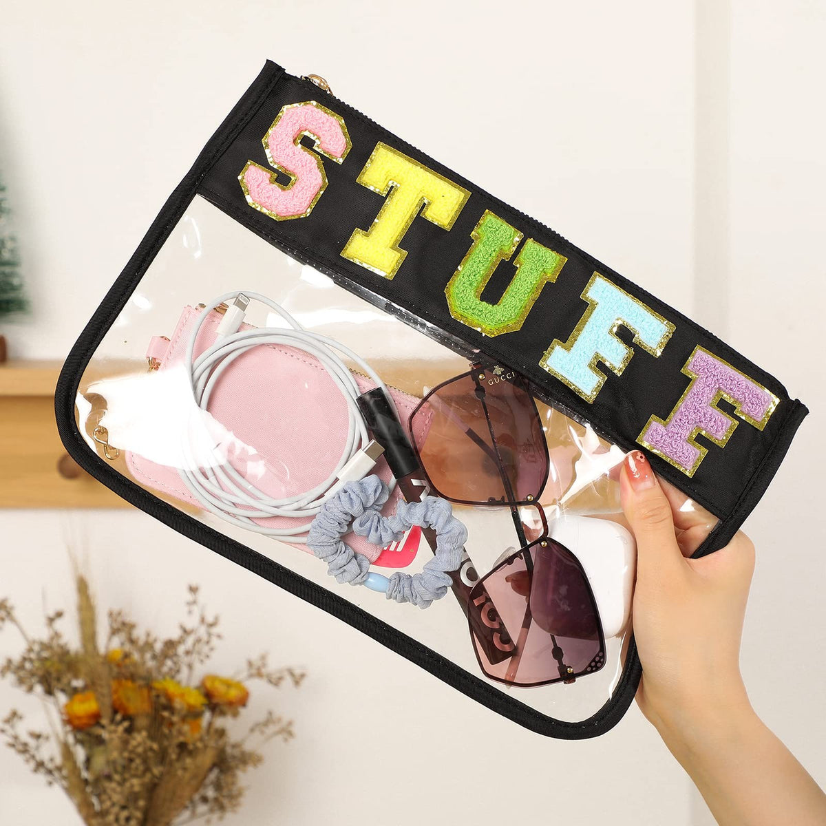 Clear Zipper Travel Cosmetic Bag Nylon Pouch 11.8x8.2 Inch with Chenille Letter Patches